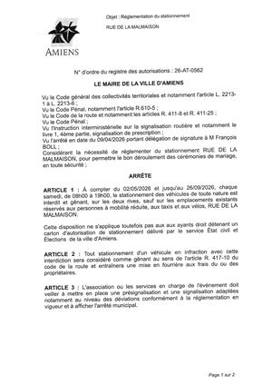 26 AT 0562 Réglementation Du Stationnement Rue De La Malmaison Du 02 05 2026 Au 26 09 2026   - Publiée Le 06 07 2026