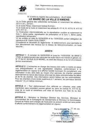 26 AT 0559 Réglementation Du Stationnement Rue Eloi Morel Du 04 05 2026 Au 15 05 2026 - Publiée Le 06 07 2026