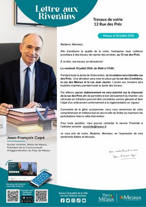 Lettre aux riverains : Travaux de voirie 12 Rue des Prés