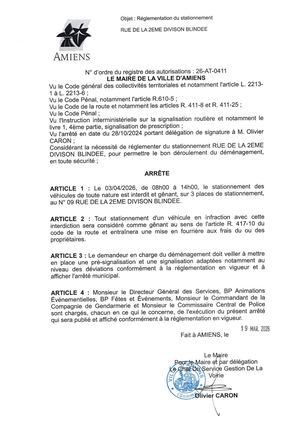 26 AT 0411 Reglementation Stationnement Rue De La 2eme Division Blindee Le 03 04 26 Publie Le 06 07 26