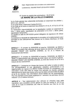 26 AT 0416 Reglementation Circulation Et Stationnement Square Friant Les Quatre Chenes Du 20 04 26 Au 15 05 26 Publié Le 06 07 26