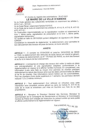 26 AT 0421 Reglementation Stationnement Rue De Paris Du 07 04 26 Au 28 04 26 Publié Le 06 07 26