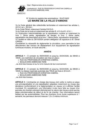 26 AT 0420 Reglementation Circulation Rue Professeur Christian Cabrol Du 06 04 26 Au 30 04 26 Publié Le 06 07 26