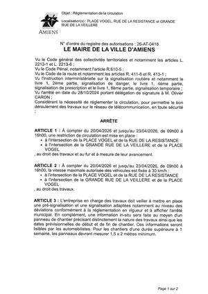 26 AT 0418 Reglementation Circulation Place Vogiel Rue De La Resistance Du 20 04 26 Au 23 04 26 Publié Le 06 07 26