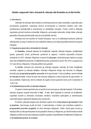 Studiu Comparativ îNtre Sistemul De Educație Din România șI Cel Din Serbia