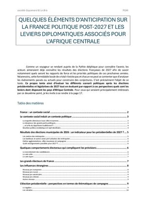 QUELQUES ÉLÉMENTS D’ANTICIPATION SUR LA FRANCE POLITIQUE POST-2027 ET LES LEVIERS DIPLOMATIQUES ASSOCIÉS POUR L’AFRIQUE CENTRALE