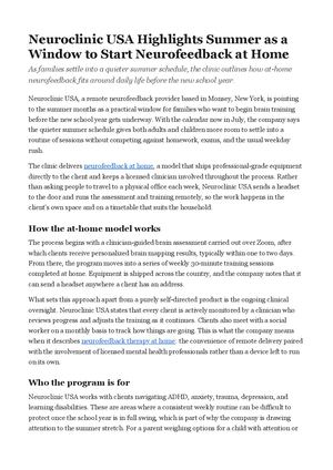 Neuroclinic USA Highlights Summer as a Window to Start Neurofeedback at Home