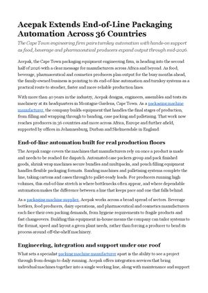 Acepak Extends End-of-Line Packaging Automation Across 36 Countries