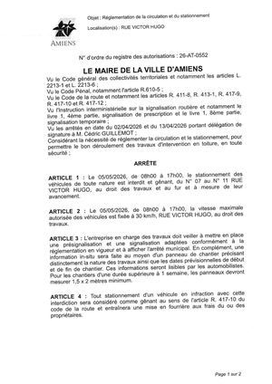 26 AT 0552 Réglementation De La Circulation Et Du Stationnement Rue Victor Hugo Le 05 05 2026   - Publiée Le 07 07 2026