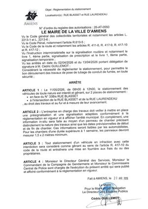26 AT 0550  Réglementation Du Stationnement Rue Blasset Et Rue Laurendeau Le 11 05 2026  - Publiée Le 07 07 2026