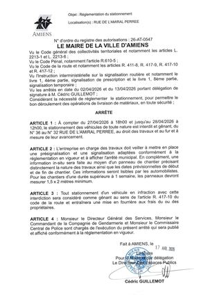 26 AT 0547  Réglementation Du Stationnement Rue De L'Amiral Perree Le 27 04 2026 Au 28 04 2026   - Publiée Le 07 07 2026