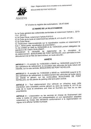 26 AT 0546  Réglementation De La Circulation Et Du Stationnement Boulevard De Pont De Noyelles Du 11 05 2026 Au 18 05 2026   - Publiée Le 07 07 2026