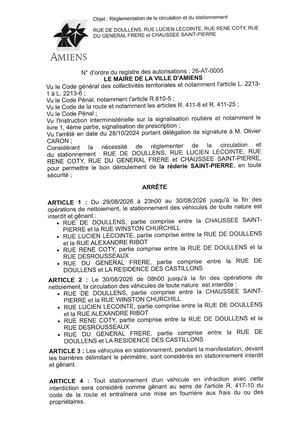 26 AT 0005 Réglementation De La Circulation Et Du Stationnement Rue De Doullens Et Autres Réderie St Pierre Du 29 08 Au 30 08 2026   - Publiée Le 07 07 2026