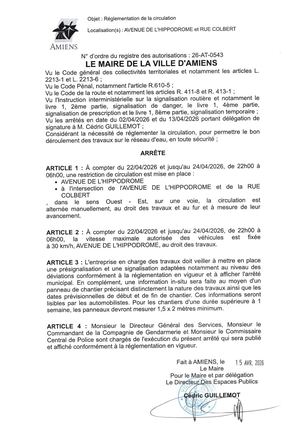 26 AT 0543 Réglementation De La Circulation Avenue De L'hippodrome Et Rue Colbert Du 22 04 2026 Au 24 04 2026 - Publiée Le 07 07 2026