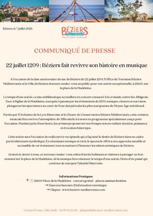 22 Juillet 1209, Place De La Madeleine, Communiqué de Presse