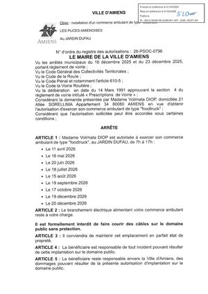 26 PSOC 0796  Installation D'un Commerce Ambulant  - Foodtruck - Au Jardin Dufau - Les Puces Amienoises Du 11 04 2026 & Autres  - Publiée Le 07 07 2026