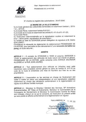 26 AT 0540 Réglementation Du Stationnement Promenade De La Hotoie Du 27 05 2026 Au 28 05 2026 - Publiée Le 07 07 2026
