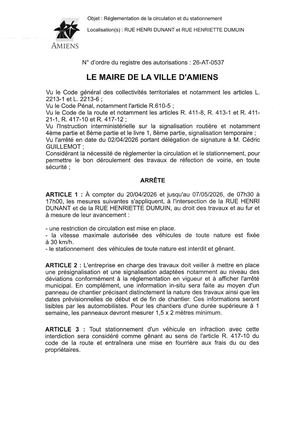 26 AT 0537 Réglementation De La Circulation Et Du Stationnement Rue Henri Dunant Et Rue Henriette Dumuin Le 20 04 2026 Au 07 05 2026   - Publiée Le 07 07 2026