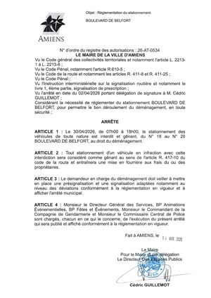 26 AT 0534 Réglementation  Du Stationnement Boulevard De Belfort Le 30 04 2026  - Publiée Le 07 07 2026