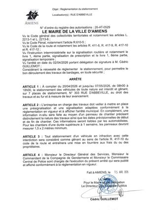 26 AT 0529 Réglementation Du Stationnement Rue D'abbeville Du 20 04 2026 Au 07 05 2026   - Publiée Le 07 07 2026