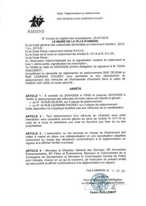 26 AT 0518 Réglementation Du Stationnement Rue Dejean Et Rue Legrand D'aussy Du 24 04 2026 Au 26 04 2026  - Publiée Le 07 07 2026