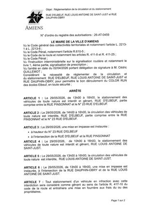 26 AT 0459 Réglementation De La Circulation Et Du Stationnement Rue D'Elbeuf, Rue Louis Antoine De Saint Just Le 29 05 2026   - Publiée Le 07 07 2026