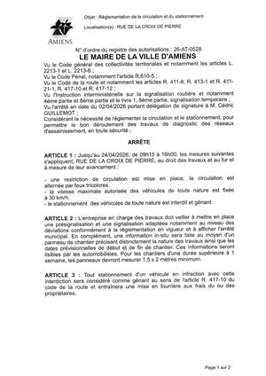26 AT 0528 Réglementation De La Circulation Et Du Stationnement Rue De La Croix De Pierre Jusqu'au 24 04 2026   - Publiée Le 07 07 2026