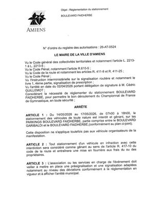 26 AT 0524 Réglementation Du Stationnement   - Publ Bld Faidherbe  Championnat De France De Gymnastique Du 14 05 Au 17 05 2026 - Publiée Le 07 07 2026