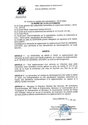 26 AT 0520 Réglementation Du Stationnement Rue Du General Leclerc Le 23 04 2026  - Publiée Le 07 07 2026