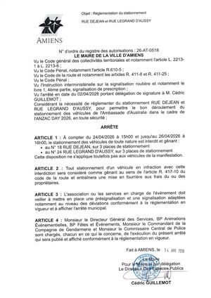 26 AT 0518 Réglementation Du Stationnement Rue Dejean Et Rue Legrand D'aussy Du 24 04 2026 Au 26 04 2026 - Publiée Le 07 07 2026
