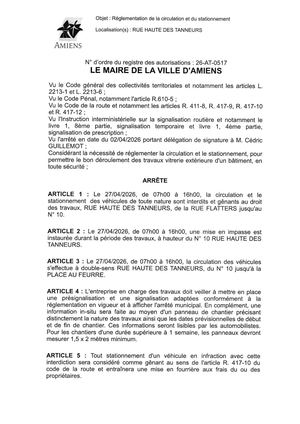 26 AT 0517  Réglementation Du Stationnement Et De La Circulation Rue Haute Des Tanneurs Le 27 04 2026  - Publiée Le 07 07 2026