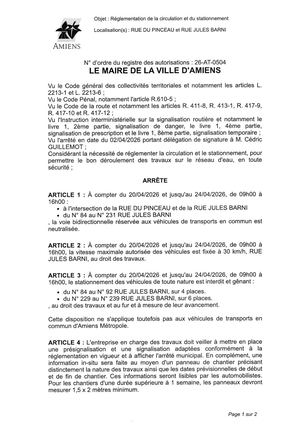 26 AT 0504  Réglementation Du Stationnement Et De La Circulation Rue Du Pinceau Et Rue Jules Barni Du 20 04 2026 Au 24 04 2026  - Publiée Le 07 07 2026