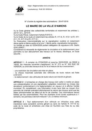 26 AT 0516  Réglementation Du Stationnement Et De La Circulation Rue De Verdun Du 27 04 2026 Au 28 05 2026  - Publiée Le 07 07 2026