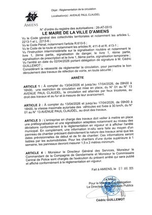 26 AT 0515 Réglementation De La Circulation Avenue Paul Claudel Du 13 04 2026 Au 17 04 2026 - Publiée Le 07 07 2026