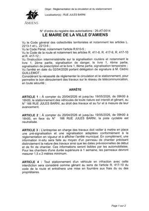 26 AT 0514 Réglementation De La Circulation Et Du Stationnement Rue Jules Barni Du 20 04 2026 Au 19 05 2026  - Publiée Le 07 07 2026