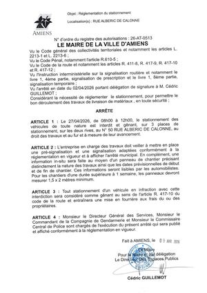 26 AT 0513 Réglementation Du Stationnement Rue Alberic De Calonne Le 27 04 2026 De 8h à 12h  - Publiée Le 07 07 2026