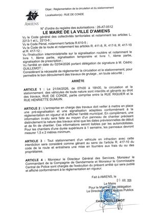 26 AT 0512 Réglementation De La Circulation Et Du Stationnement Rue De Conde Le 21 04 2026  - Publiée Le 07 07 2026