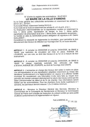 26 AT 0511 Réglementation De La Circulation Avenue De L'Europe Du 20 04 2026 Au 24 04 2026  - Publiée Le 07 07 2026