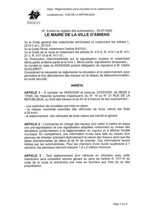 26 AT 0506 Réglementation De La Circulation Et Du Stationnement Rue De La Republique Du 04 05 2026 Au 22 05 2026  - Publiée Le 07 07 2026