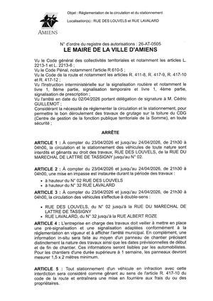 26 AT 0505 Réglementation De La Circulation Et Du Stationnement Rue Des Louvels Et Rue Lavalard Du 23 04 2026 Au 24 04 2026  - Publiée Le 07 07 2026