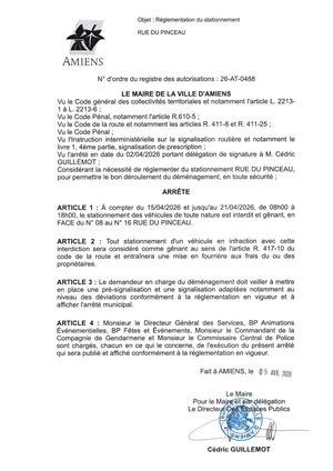 26 AT 0488 Réglementation Du Stationnement Rue Du Pinceau Du 15 04 2026 Au 21 04 2026  - Publiée Le 07 07 2026