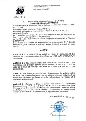 26 AT 0482 Réglementation Du Stationnement Rue Louis Thuillier Le 15 04 2026  - Publiée Le 07 07 2026