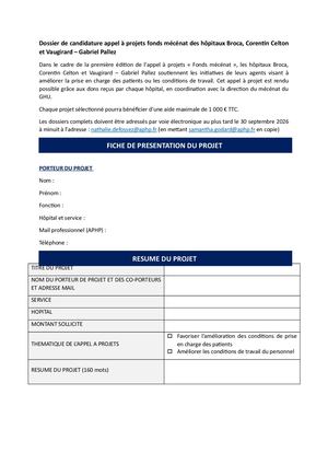 Dossier De Candidature Appel à Projets Fonds Mécénat Des Hôpitaux Broca, Corentin Celton Et Vaugirard – Gabriel Pallez