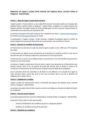 Règlement De L’appel à Projets Fonds Mécénat Des Hôpitaux Broca, Corentin Celton Et Vaugirard – Gabriel Pallez