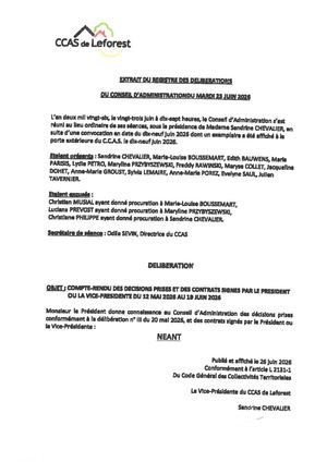 Extrait Du Registre Des Délibérations Du Conseil D'administration Du Ccas Du 23 Juin 2026