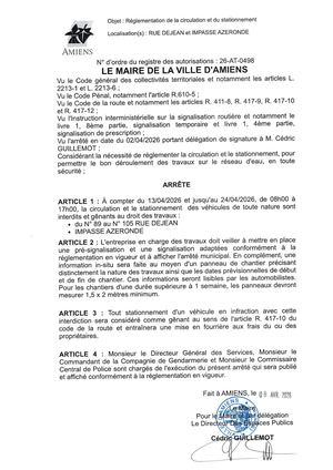 26 AT 0498  Réglementation Du Stationnement Et De La Circulation Rue Dejean Et Impasse Azeronde Du 13 04 2026 Au 24 04 2026 - Publiée Le 07 07 2026