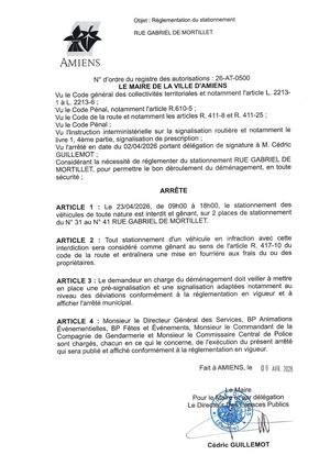 26 AT 0500  Réglementation Du Stationnement Rue Gabriel De Mortillet Le 23 04 2026 - Publiée Le 07 07 2026