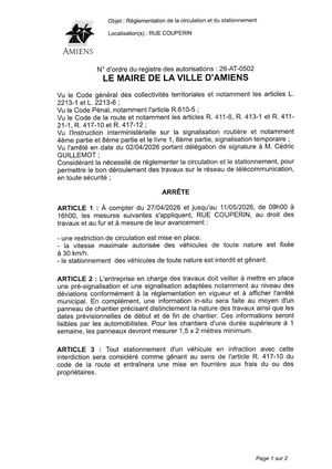 26 AT 0502  Réglementation Du Stationnement Et De La Circulation Rue Couperin Du 27 04 2026 Au 11 05 2026 - Publiée Le 07 07 2026