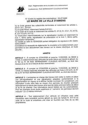 26 AT 0466  Réglementation Du Stationnement Et De La Circulation Rue Serrassaint Claudius Antoine Du 27 04 2026 Au 11 05 2026 - Publiée Le 07 07 2026
