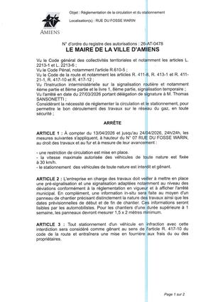26 AT 0478  Réglementation Du Stationnement Et De La Circulation Rue Du Fosse Warin Du 13 04 2026 Au 24 04 2026 - Publiée Le 07 07 2026